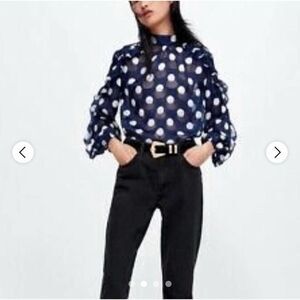 Zara EUC Semi Sheer Polkadot Navy White Ruffled Blouse Size XS